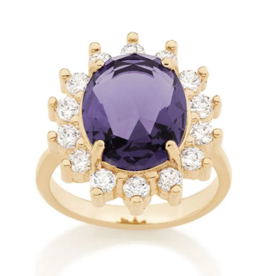 Gold plated royal ring with zirconias and purple crystal