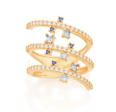 Gold-plated layers ring with zirconias in blue tones