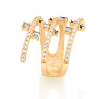 Gold-plated layers ring with zirconias in blue tones