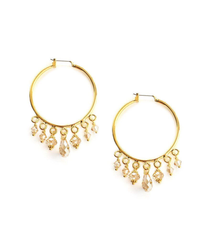 Gold-plated hoop earrings with golden shadow Swarovski crystals drops