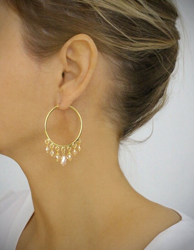 Gold-plated hoop earrings with golden shadow Swarovski crystals drops