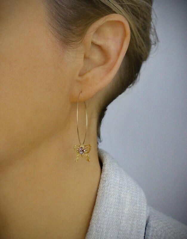 Gold-plated butterfly hoop earrings