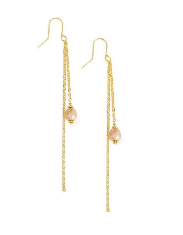 Gold-plated long rose freshwater pearl earrings