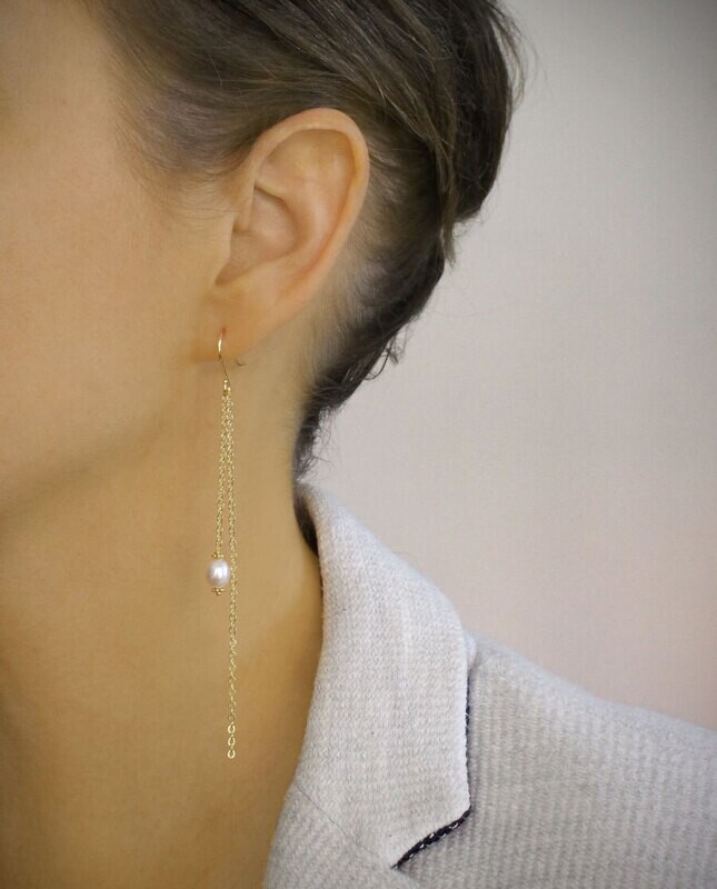 Gold-plated long rose freshwater pearl earrings