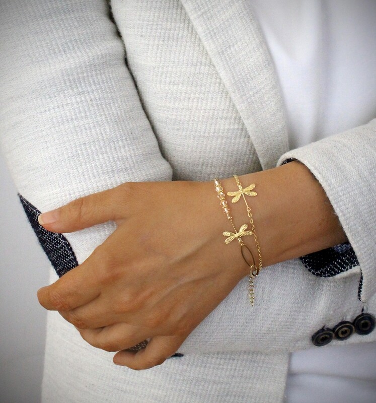 Gold-plated dragonfly bracelet with golden shadow Swarovski crystals