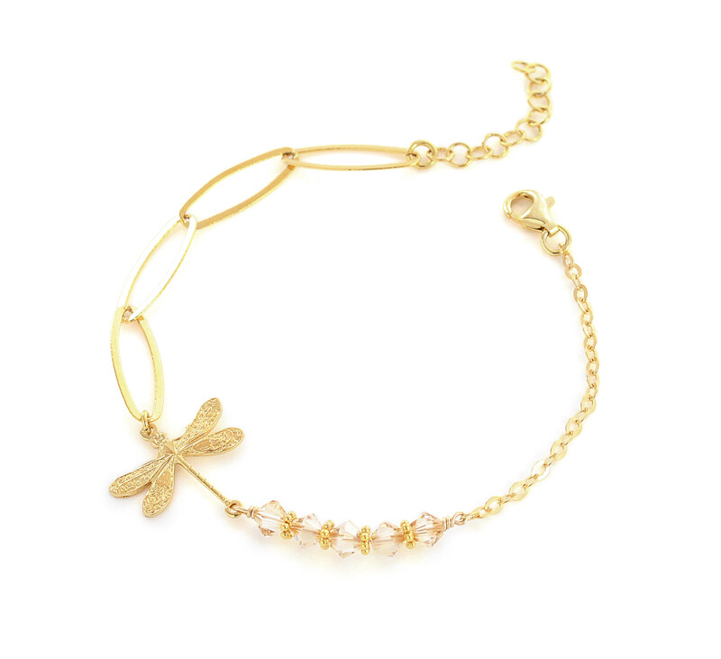Gold-plated dragonfly bracelet with golden shadow Swarovski crystals