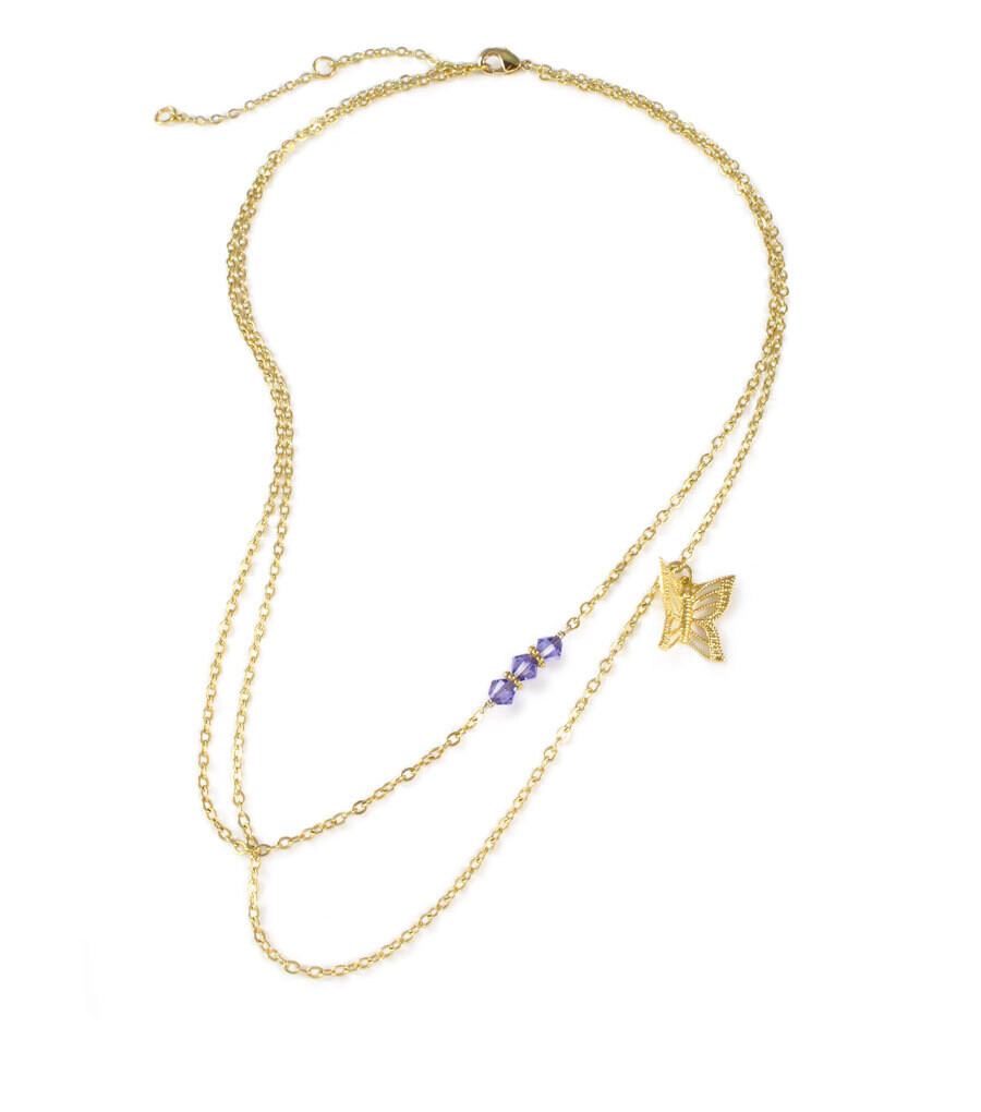 Gold-plated double butterfly necklace with tanzanite Swarovski crystals
