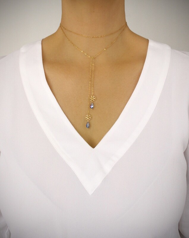Sterling silver 925 double wrap necklace with tanzanite AB Swarovski crystals