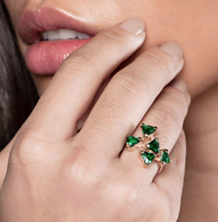Gold plated green triangles ring