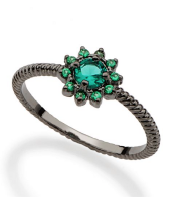 Black Rhodium plated flower ring with green zirconia