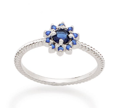Rhodium plated flower ring with blue zirconia