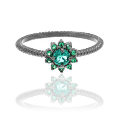 Black Rhodium plated flower ring with green zirconia
