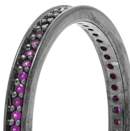 Black rhodium plated skinny ring with pink zirconia