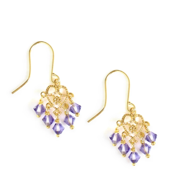 Gold heart filigree earrings with tanzanite Swarovski crystals