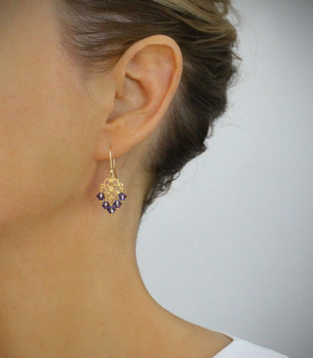 Gold heart filigree earrings with tanzanite Swarovski crystals