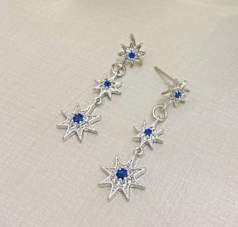 Rhodium plated stars earring with blue zirconia