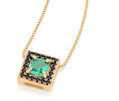 Gold plated square pendant with green crystal and black zirconia