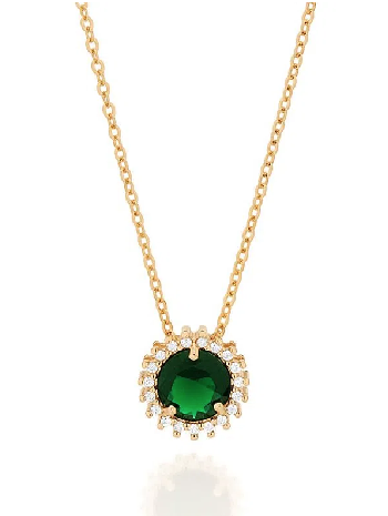 Gold-plated necklace with green crystal and white zirconia