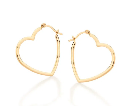 Gold plated hoop earrings in the shape of a heart.