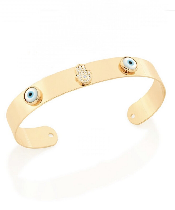 Gold plated Hamsa hand and Greek Eye bangle