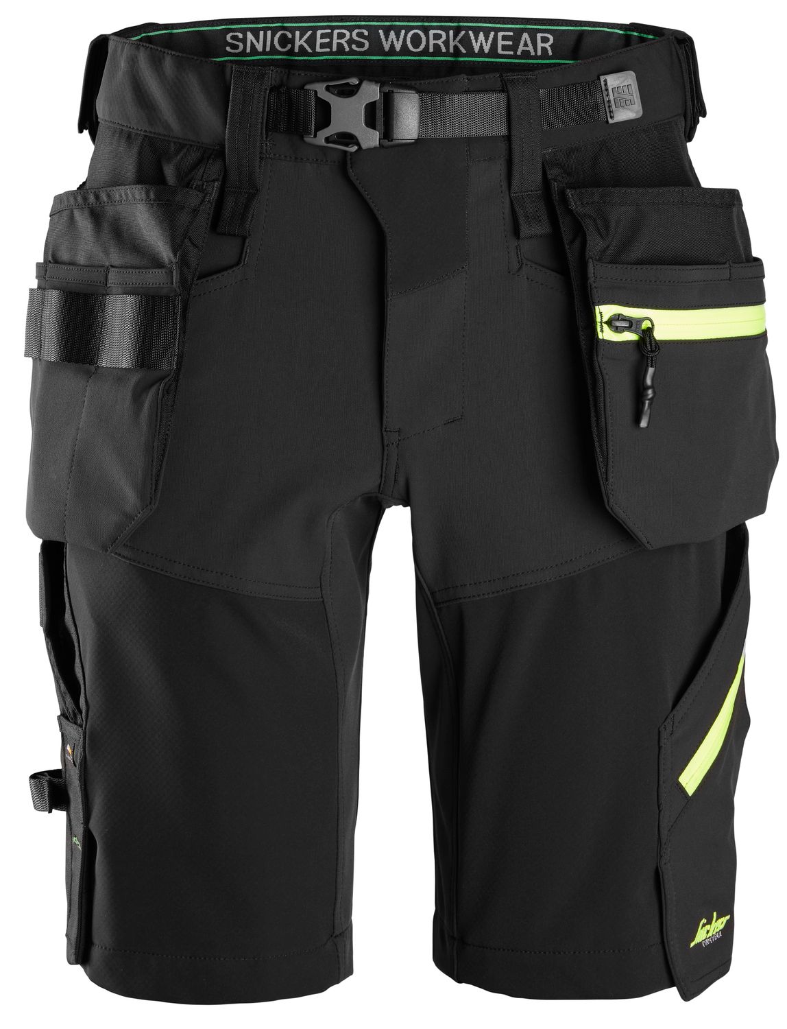 6140 FlexiWork, Softshell Stretchshorts+ med hylsterlommer, FARGE: 0467 - Black\Neon Yellow, STØRRELSE: STR: 44