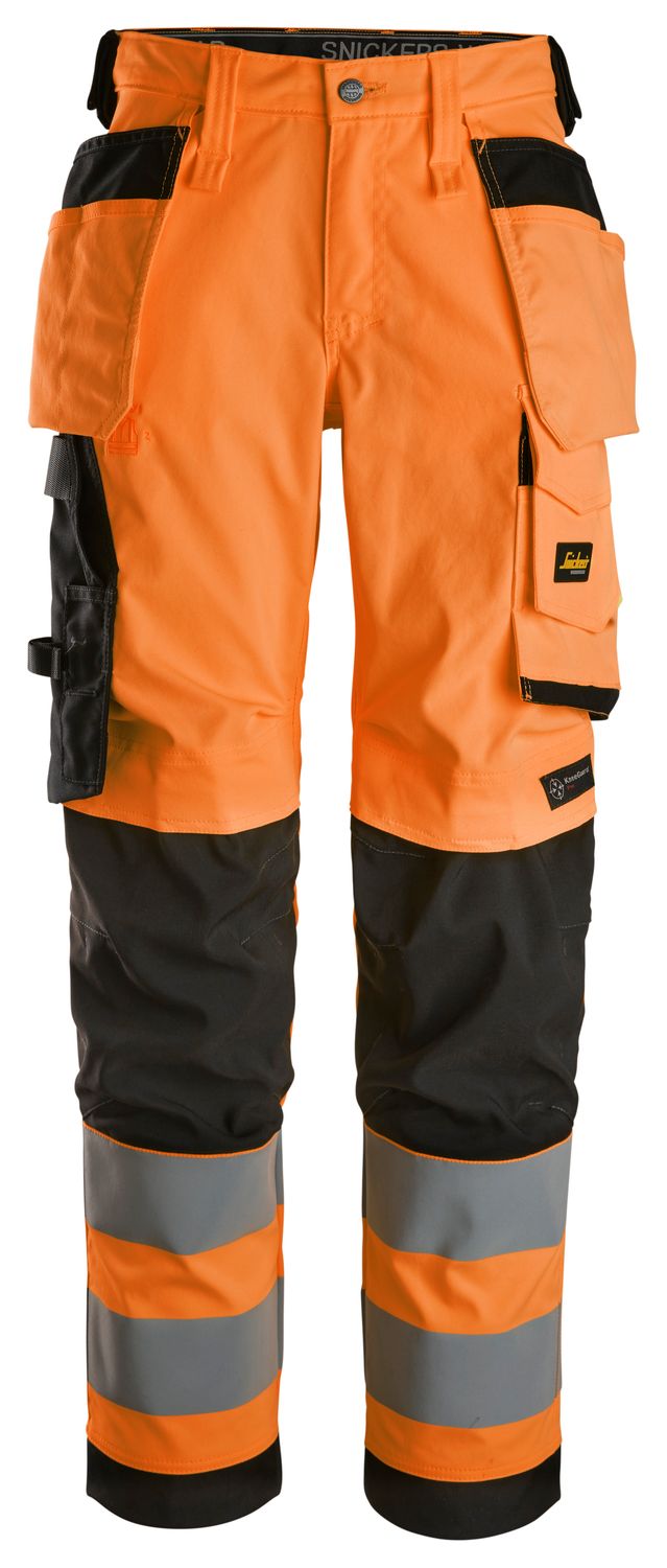 6743 High-Vis Stretchbukse med hylsterlommer for dame, Klasse 2, FARGE: 5504 - High Visibility Orange\Black, STØRRELSE: STR: 18