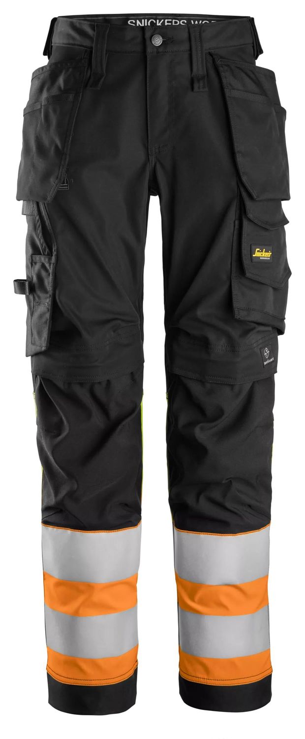 6734 High-Vis Arbeidsbukse i stretch med hylsterlommer for dame, Klasse 1, FARGE: 0455 -  Black\High Visibility Orange, STØRRELSE: STR: 018