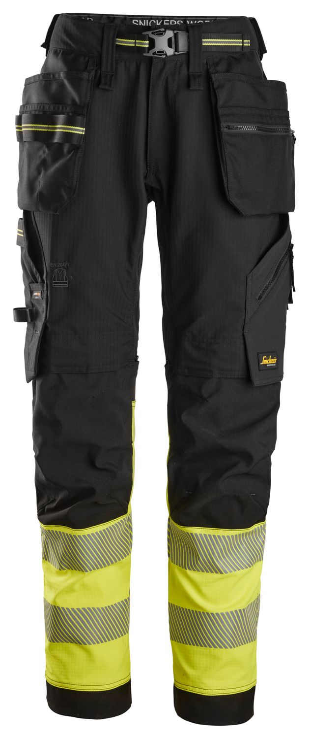 6934 High-Vis Stretchbukse med hylsterlommer, Klasse 1, FARGE: 0466 - Black\High Visibility Yellow, STØRRELSE: STR: 44