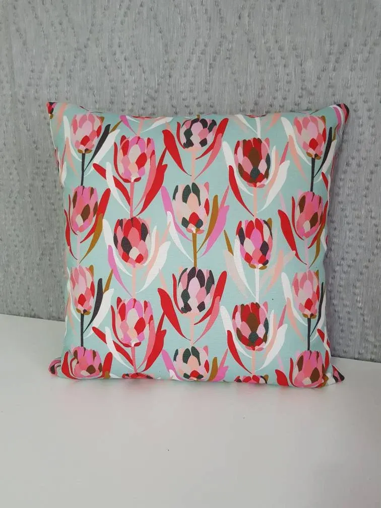 Aqua Protea Cushion Cover 45/50cm Handmade in Australia