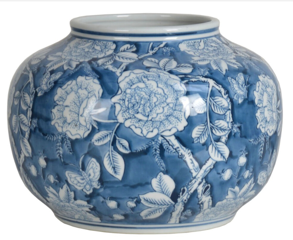 Vaso decorativo in ceramica blu e decori bianchi Blanc Mariclò