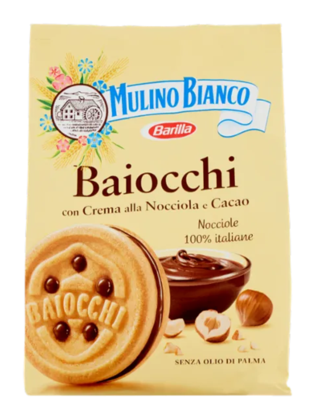 🇮🇹 Mulino Bianco Baiocchi Biscotti Snack Farciti con Crema alla Nocciola e Cacao 260g