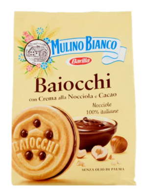 🇮🇹 Mulino Bianco Baiocchi Biscotti Snack Farciti con Crema alla Nocciola e Cacao 260g