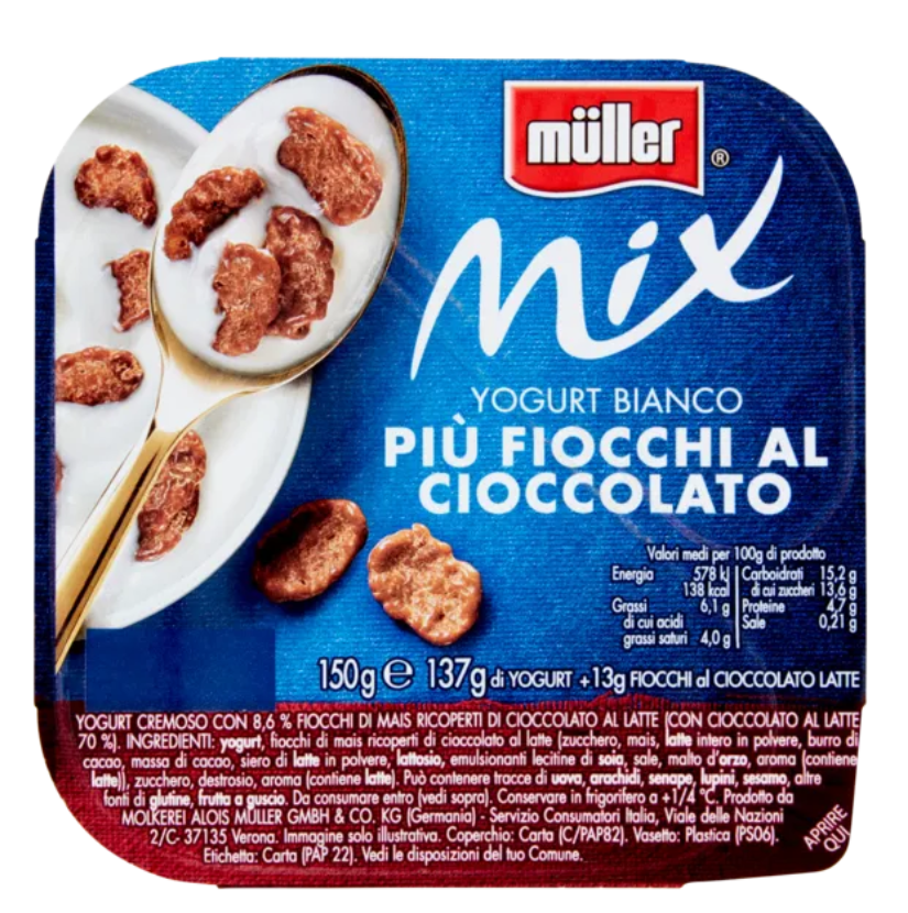 🌼 müller Mix Yogurt Bianco Più Fiocchi al Cioccolato 150 g