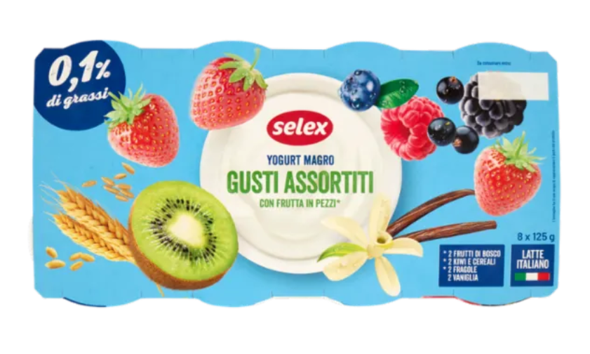 Yogurt Magro Ai Gusti Assortiti: Frutti di Bosco, Kiwi e Cereali, Fragola, Vaniglia 8x125 g