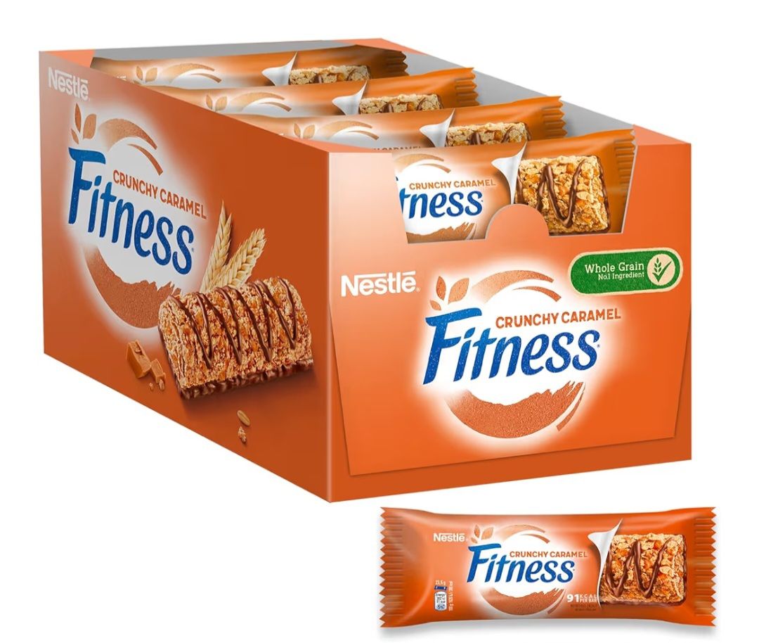 🧡 FITNESS Crunchy Caramel Barrette Cereali Integrali con Cioccolato e Caramello, 24 × 23,5g 