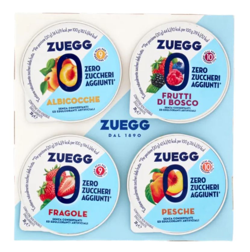 🧡 Zuegg Zero Zuccheri Aggiunti* Albicocche, Fragole, Frutti di Bosco, Pesche 4 x 20g