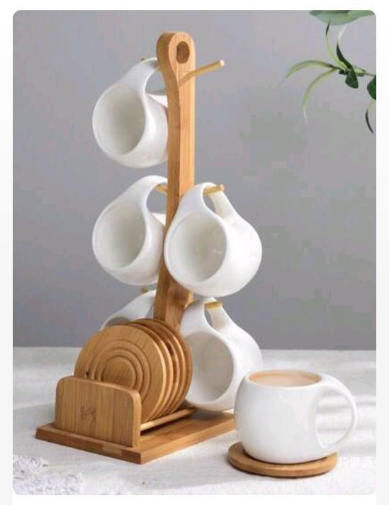 🧡 1 Set/6 Tazze da caffè in ceramica con sottobicchieri in legno