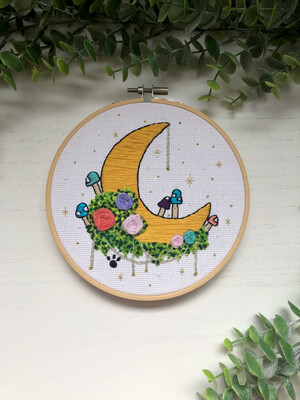 Celestial Mushrooms Cottagecore Art Crescent Moon Phase