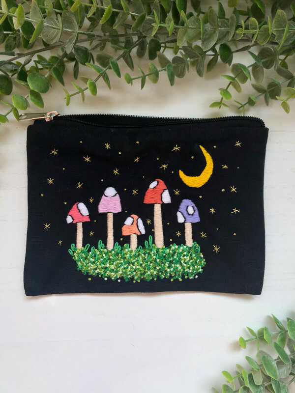 Colorful Mushrooms Black Zipper Bag Witchy Embroidered