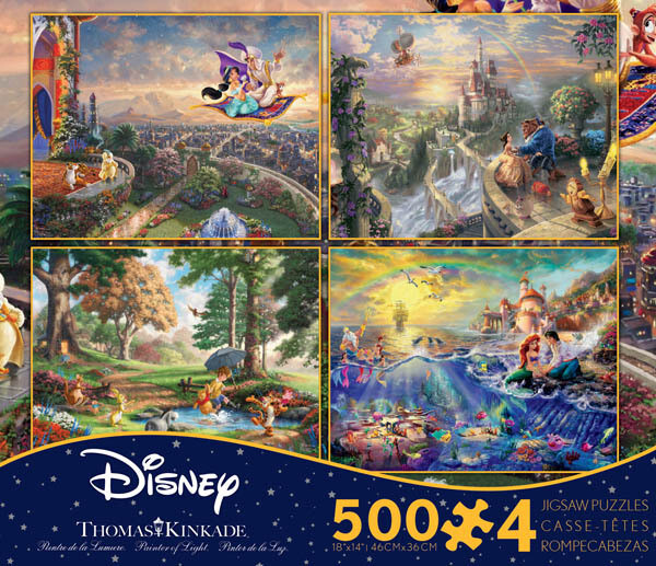 Thomas Kinkade 4x500 Pc Alladin, Beauty And The Beast, Pooh, Mermaid