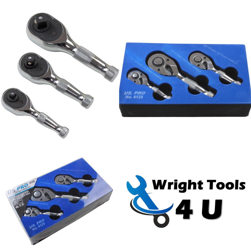 US PRO Tools 3PC Stubby Ratchet Set 1/4” 3/8” & 1/2” 4129