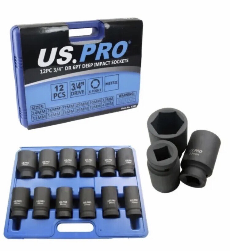 US PRO Tools 12PC 3/4" DR 6PT Deep Impact Sockets Metric 24-41mm 1360,