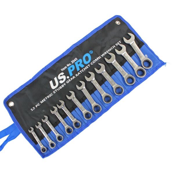 US PRO Tools 12PC Metric Stubby Gear Ratchet Combination Spanner Set 8-19mm 2045