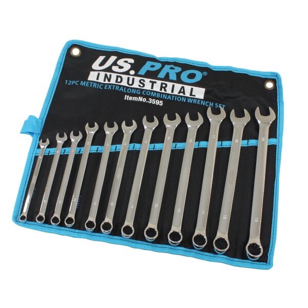 US PRO INDUSTRIAL 12pc Metric Extra Long Combination Spanners  Set 8-19mm