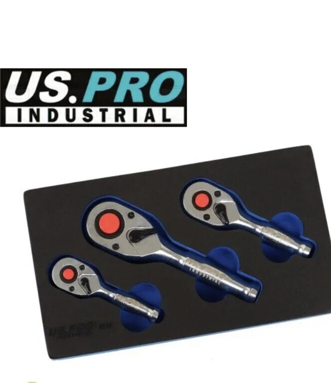 US PRO INDUSTRIAL 3PC Stubby Ratchet Set 90 Tooth 1/4" 3/8" 1/2"Dr Short 4224