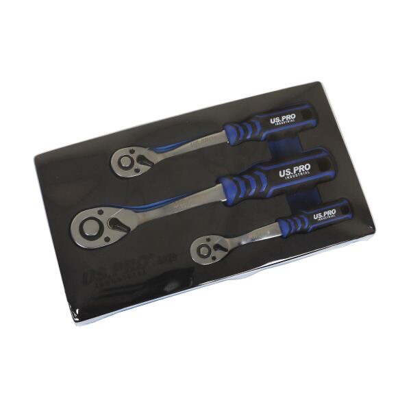 US PRO INDUSTRIAL 3pc 90t Ratchet Set 1/4 3/8 1/2 Drives Curved Handle 4229