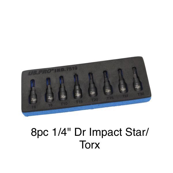 US PRO 8pc 1/4" Dr Impact Torx Star Bit Sockets 7519