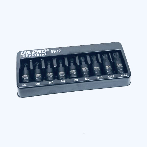 US Pro Tools 3/8 Impact Spline Bit Socket Set S2 Steel 48mm 9-Piece M4-M14 3932