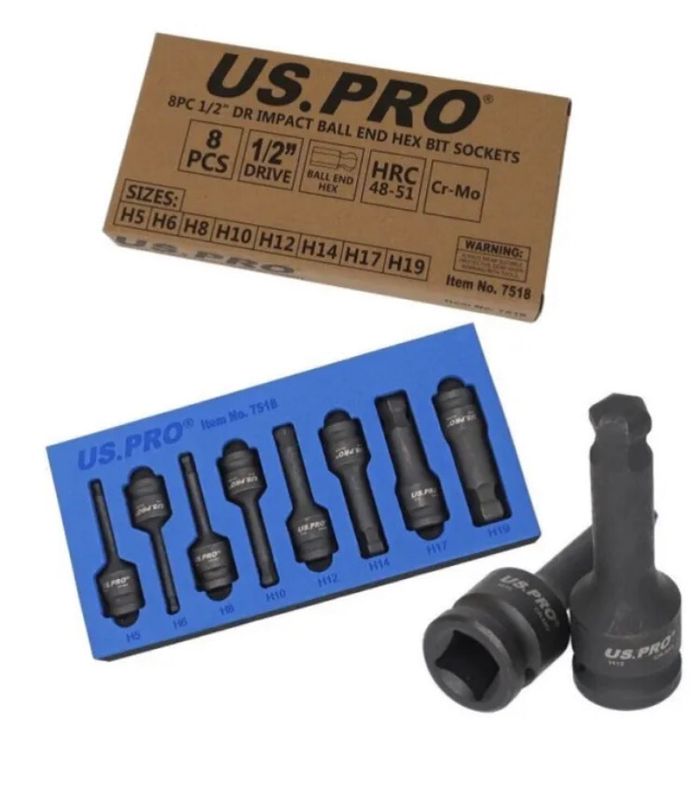 US PRO Tools 8pc Ball End Impact Hex Bit Socket Set 1/2" Drive 7518