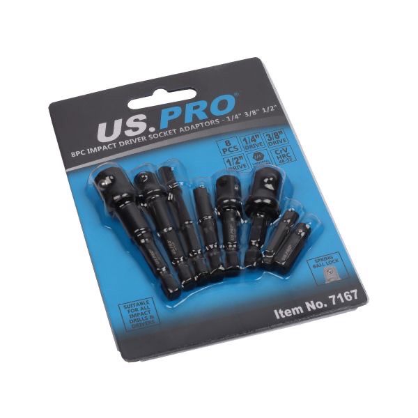 US PRO Tools 8PC Impact Driver Socket Adaptors 1/4" 3/8" 1/2" - 1/4" Hex DR 7167
